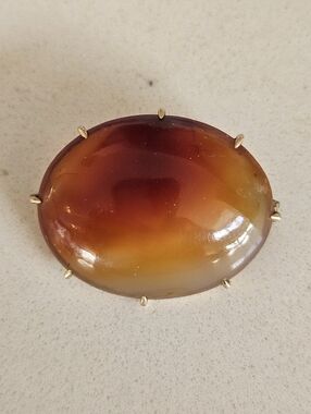 Antique Victorian Scottish Agate Cabochon Brooch Pin Solid 14k Frame